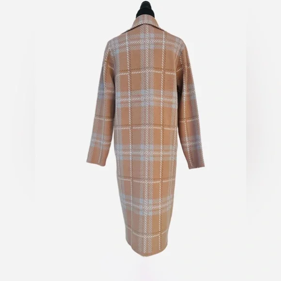 LOVE + LUXE ~ Plaid Tan Longline Cardigan/Coat w/Hints of Blue and Off White - Picture 7 of 9